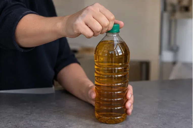 Persona che avvita saldamente il tappo su una bottiglia di plastica piena di olio da cucina usato