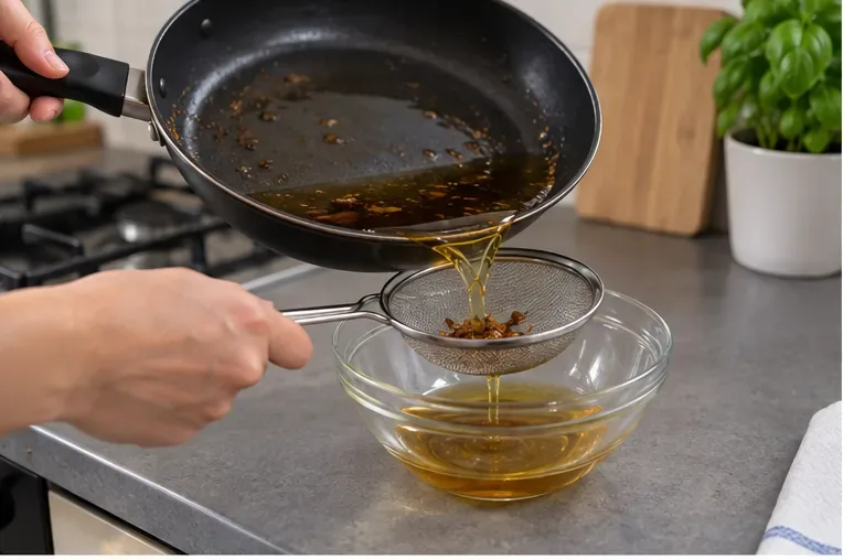Olio da frittura raffreddato che viene filtrato con un colino in una ciotola prima della raccolta