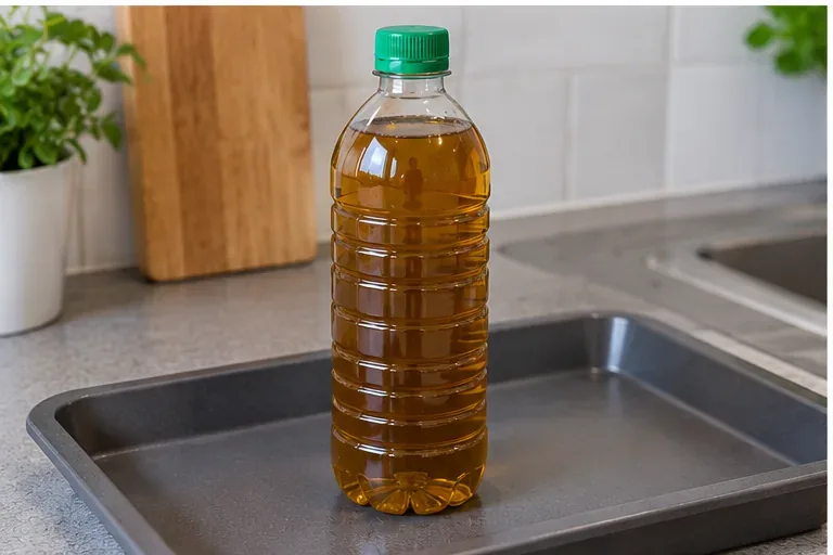 Bottiglia in PET piena di olio alimentare usato, chiusa con tappo e tenuta in verticale
