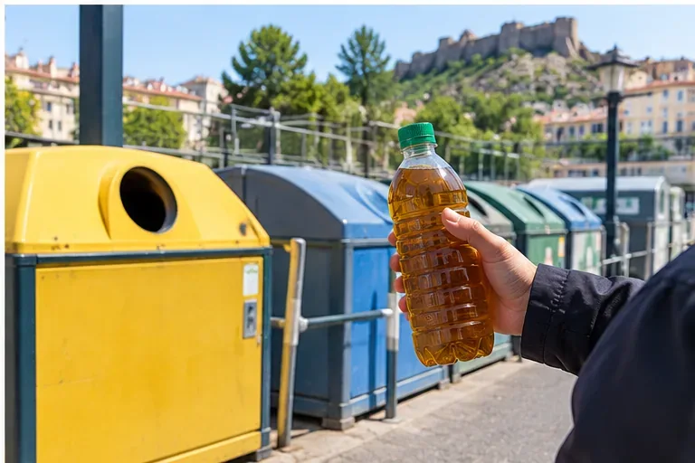 Persona con una bottiglia chiusa di olio da cucina usato davanti a contenitori di un punto di raccolta rifiuti
