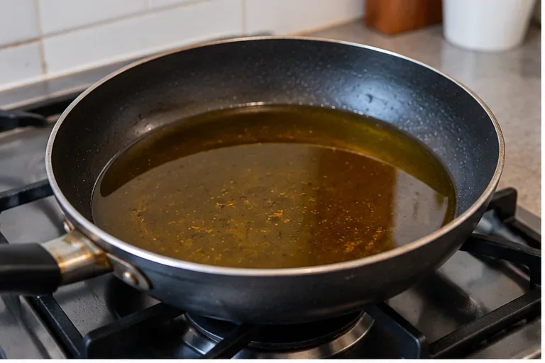 Padella con olio da cucina usato lasciato raffreddare sul piano cottura prima della raccolta