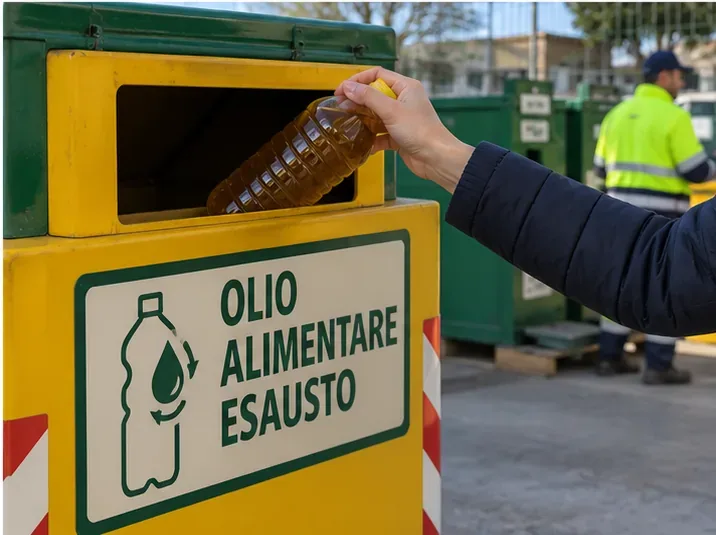 Bottiglia di olio alimentare usato inserita in un contenitore dedicato alla raccolta dell'olio esausto