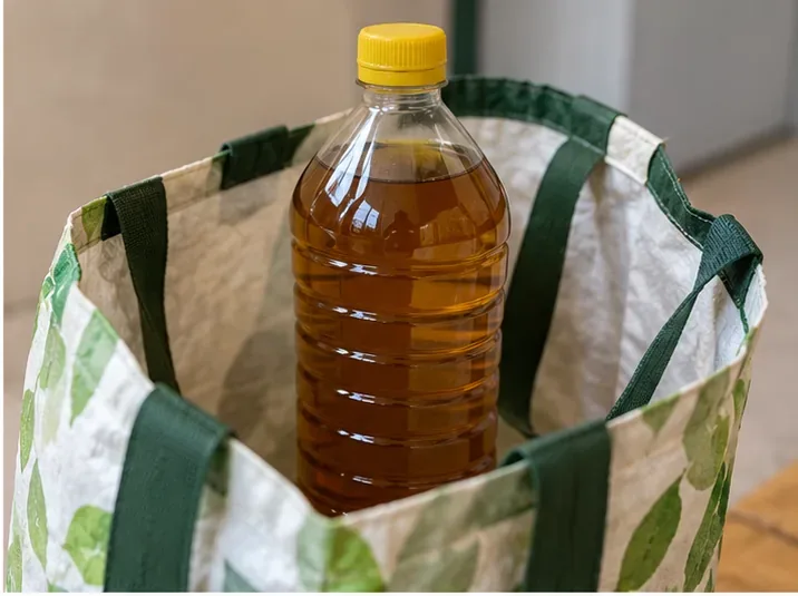 Bottiglia di plastica piena di olio da cucina usato, chiusa con tappo e riposta in una borsa riutilizzabile