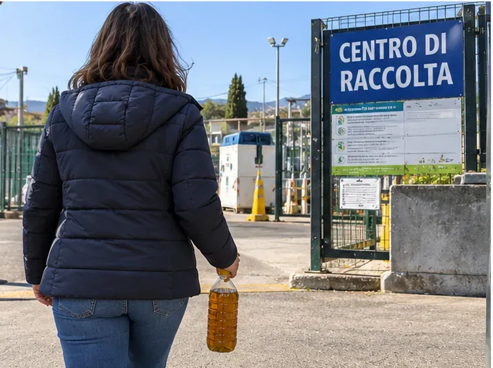 Persona con una bottiglia di olio usato davanti all'ingresso di un centro di raccolta comunale