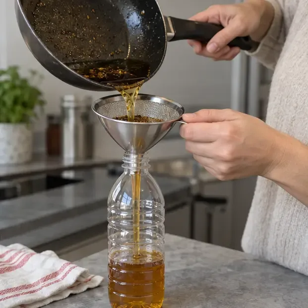 Olio di frittura usato versato attraverso un filtro e un imbuto in una bottiglia di plastica