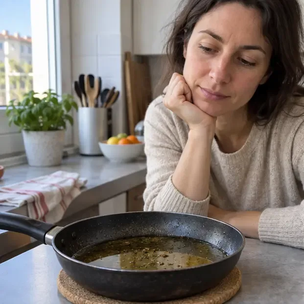 Padella con olio di frittura usato lasciata raffreddare sul piano della cucina