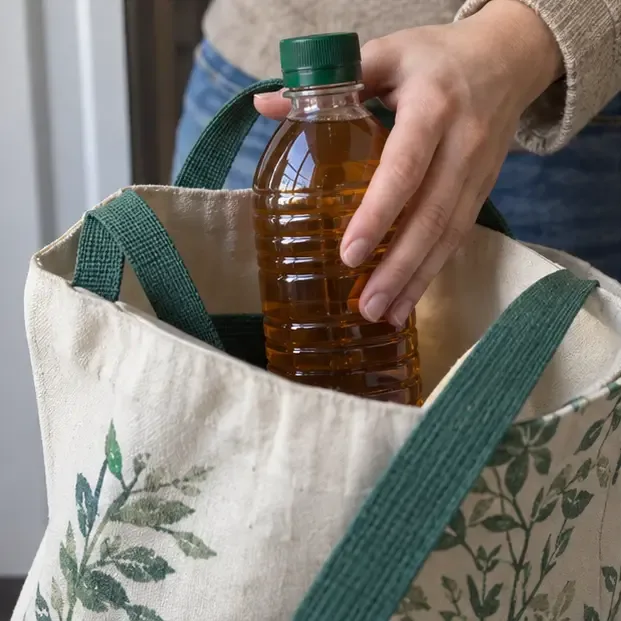 Bottiglia di plastica chiusa con olio alimentare usato trasportata in una borsa riutilizzabile