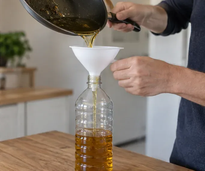 Olio da cucina freddo versato con un imbuto in una bottiglia di plastica trasparente