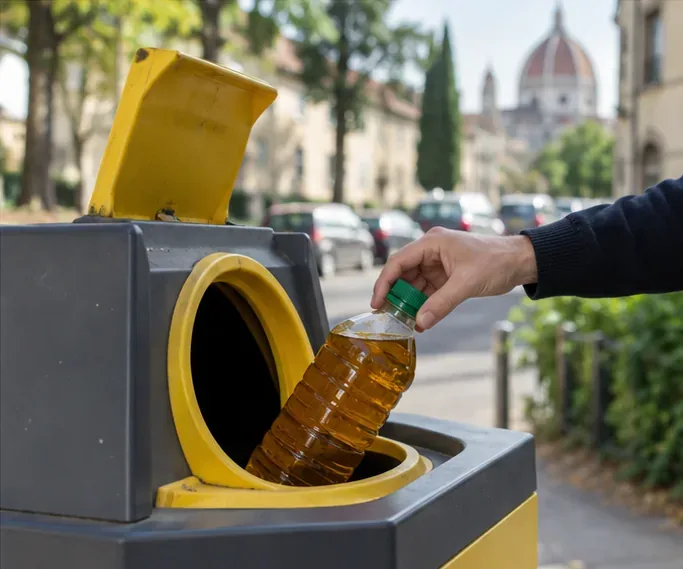 Bottiglia chiusa con olio da cucina usato inserita in un contenitore dedicato alla raccolta differenziata a Firenze