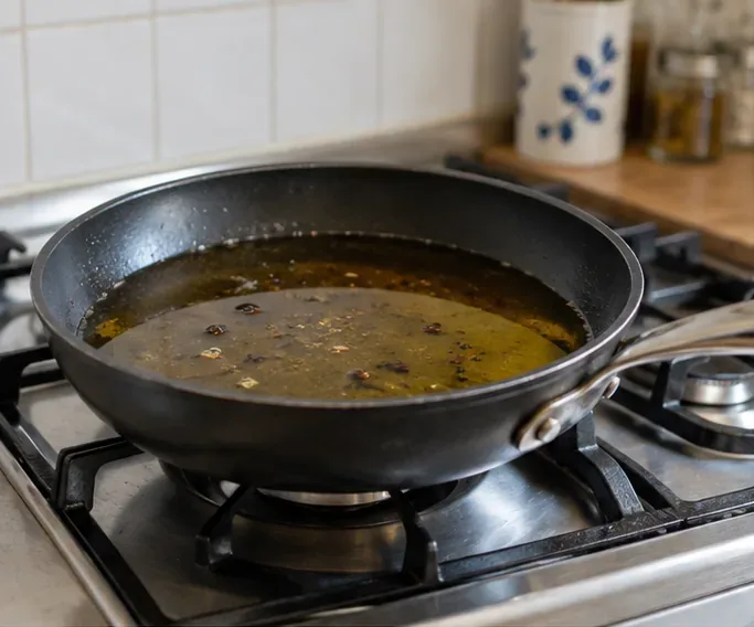 Padella con olio da cucina usato lasciato raffreddare sul fornello prima della raccolta