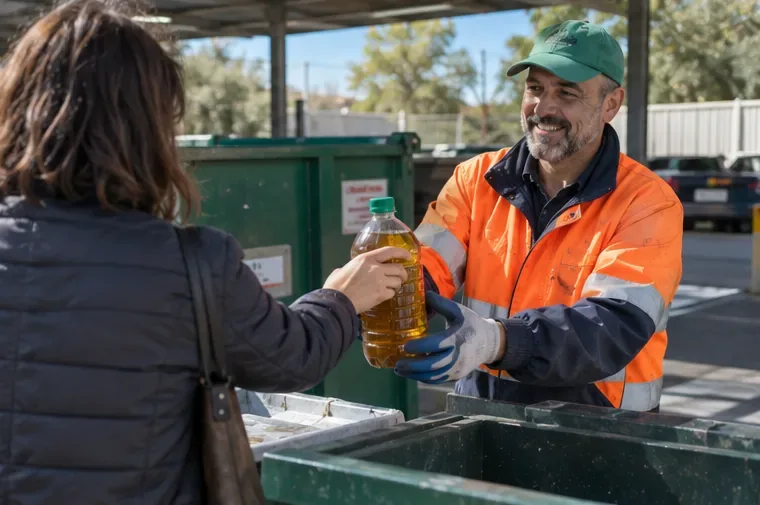 Operatore di un centro di raccolta che riceve una bottiglia chiusa contenente olio alimentare usato