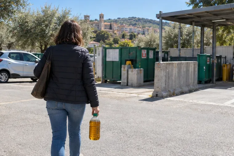 Persona che porta una bottiglia di olio da cucina usato verso un centro di raccolta