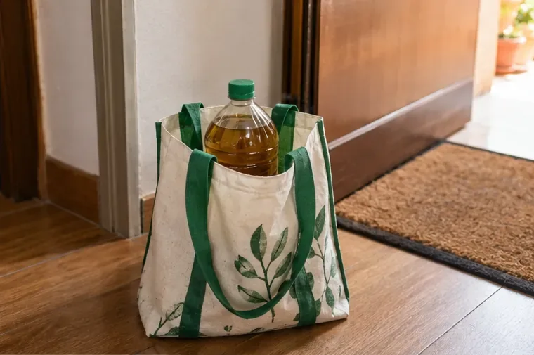Bottiglia ben chiusa con olio alimentare usato sistemata in una borsa riutilizzabile