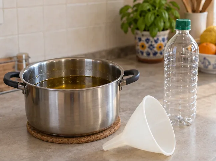 Pentola con olio da cucina usato raffreddato, bottiglia di plastica pulita e imbuto sul piano della cucina