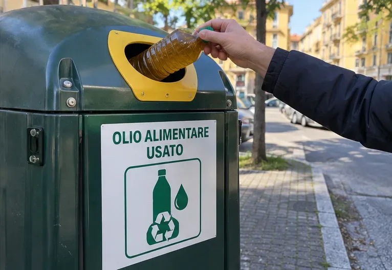 Bottiglia di plastica con olio da cucina usato inserita in un contenitore dedicato alla raccolta dell’olio alimentare