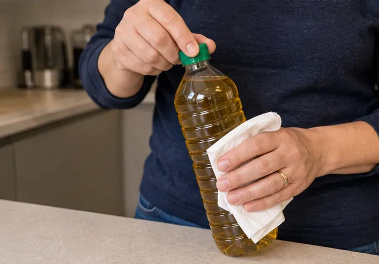 Persona che chiude saldamente una bottiglia di plastica piena di olio alimentare usato