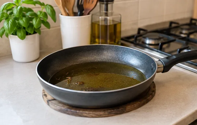 Padella con olio da cucina usato lasciato raffreddare sul piano della cucina