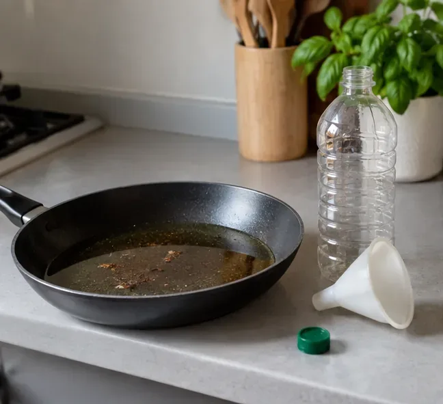 Padella con olio da cucina usato ormai freddo accanto a una bottiglia di plastica vuota e a un imbuto sul piano della cucina