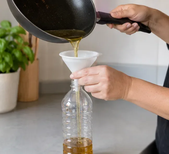 Olio da cucina usato versato con un imbuto da una padella in una bottiglia di plastica trasparente