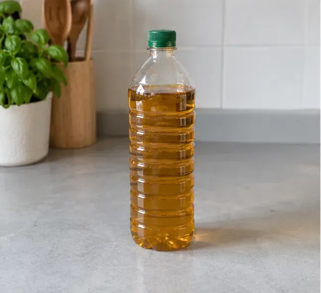 Bottiglia di plastica chiusa con tappo verde e riempita di olio da cucina usato sul piano della cucina