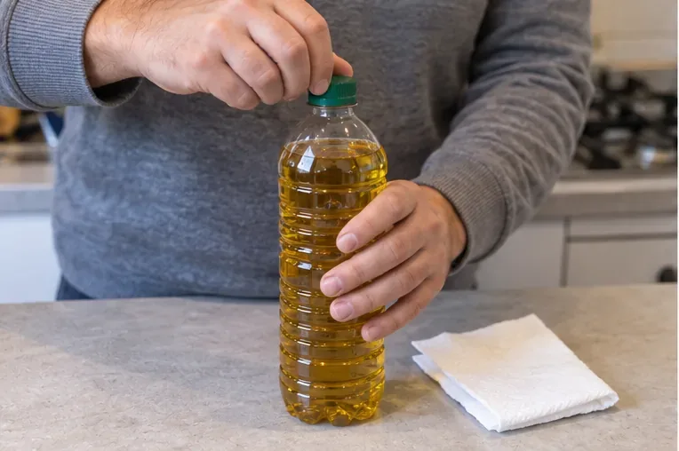 Persona che avvita il tappo verde su una bottiglia di plastica piena di olio da cucina usato