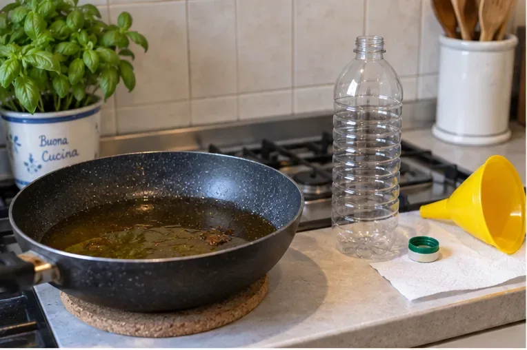 Padella con olio da cucina usato lasciata sul piano accanto a una bottiglia di plastica vuota, un imbuto e il tappo