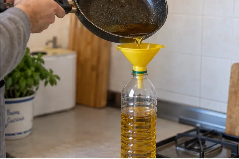 Olio da cucina usato versato da una padella attraverso un imbuto giallo in una bottiglia di plastica