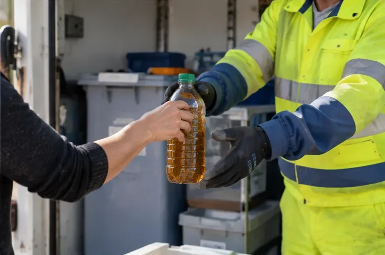 Operatore della raccolta che riceve una bottiglia chiusa contenente olio da cucina usato