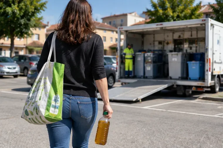 Persona che porta una bottiglia chiusa di olio alimentare esausto verso un Ecofurgone