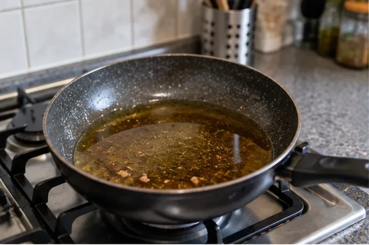 Padella con olio da cucina usato lasciato raffreddare sul piano cottura