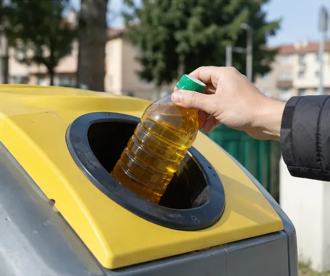 Bottiglia chiusa di olio alimentare usato inserita in un contenitore dedicato alla raccolta