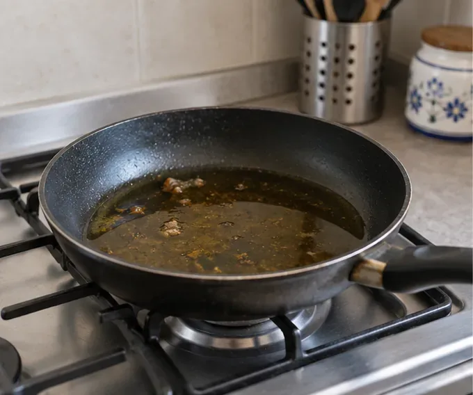 Padella con olio da frittura usato lasciato raffreddare sul fornello spento