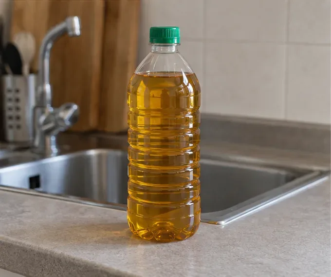 Bottiglia di plastica piena di olio alimentare usato, ben chiusa e tenuta in verticale