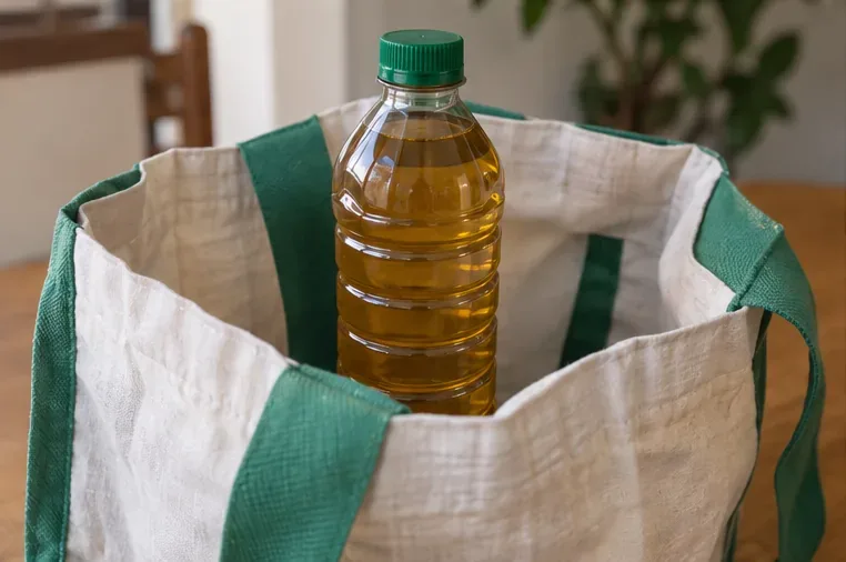 Bottiglia di plastica ben chiusa contenente olio da cucina usato, pronta per essere trasportata