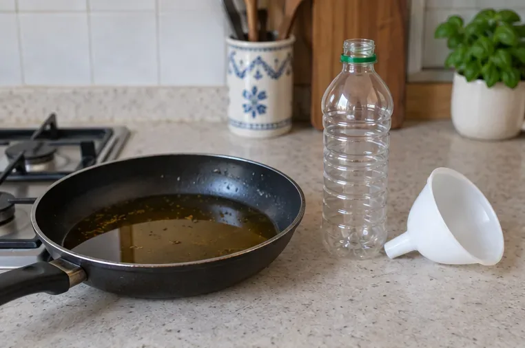 Padella con olio da cucina usato ormai freddo, accanto a una bottiglia di plastica vuota e a un imbuto