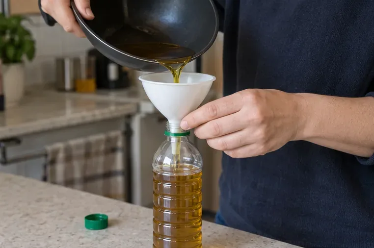 Olio da frittura usato versato lentamente con un imbuto dentro una bottiglia di plastica