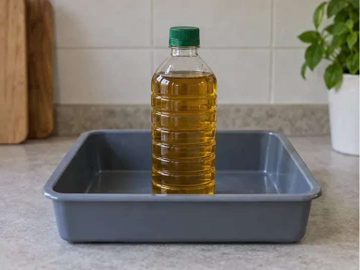 Bottiglia di plastica con olio usato, tappo avvitato e recipiente di raccolta sotto la bottiglia.