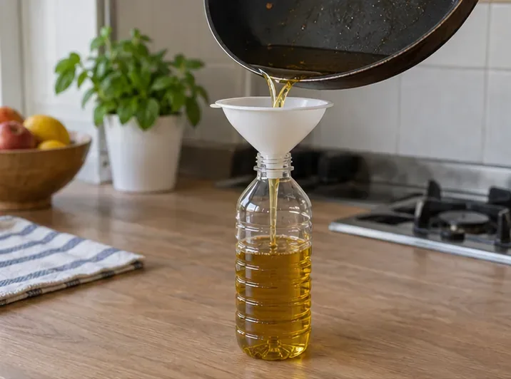 Olio alimentare versato lentamente attraverso un imbuto in una bottiglia di plastica pulita.