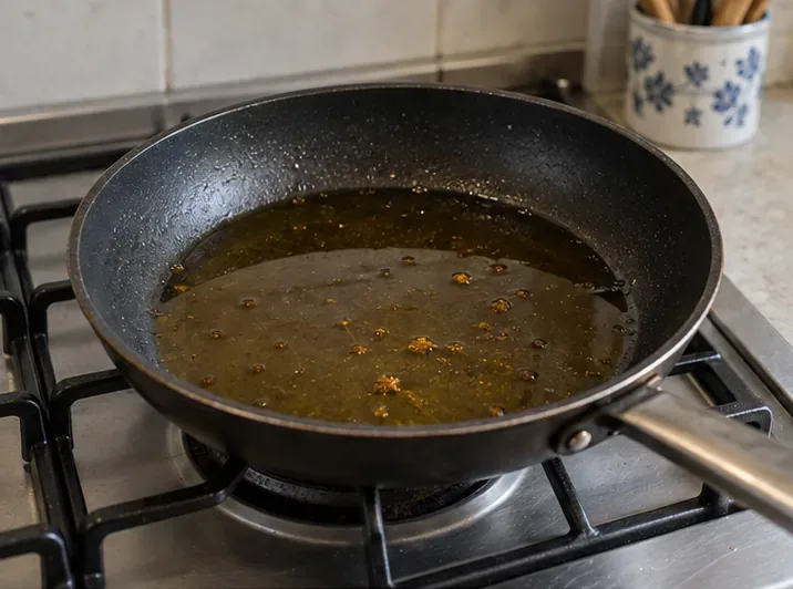 Padella spenta sul fornello con olio di frittura ormai fermo mentre si raffredda prima del travaso.