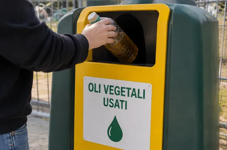 Bottiglia contenente olio vegetale usato inserita in un contenitore dedicato alla raccolta