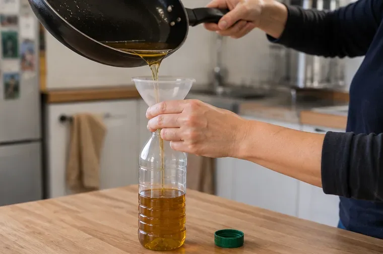 Olio da cucina usato versato con un imbuto in una bottiglia di plastica trasparente