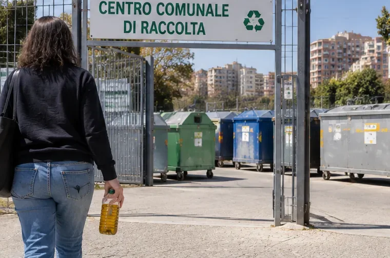 Persona che arriva a un centro comunale di raccolta portando una bottiglia con olio alimentare usato