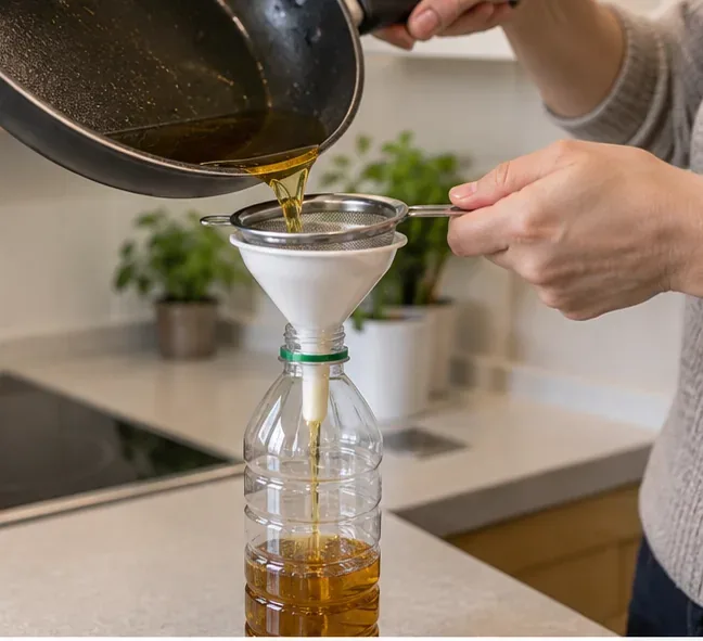 Olio da cucina raffreddato versato attraverso un colino e un imbuto dentro una bottiglia di plastica