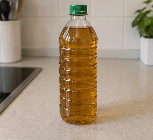 Bottiglia di plastica piena di olio da cucina usato e chiusa con tappo a vite