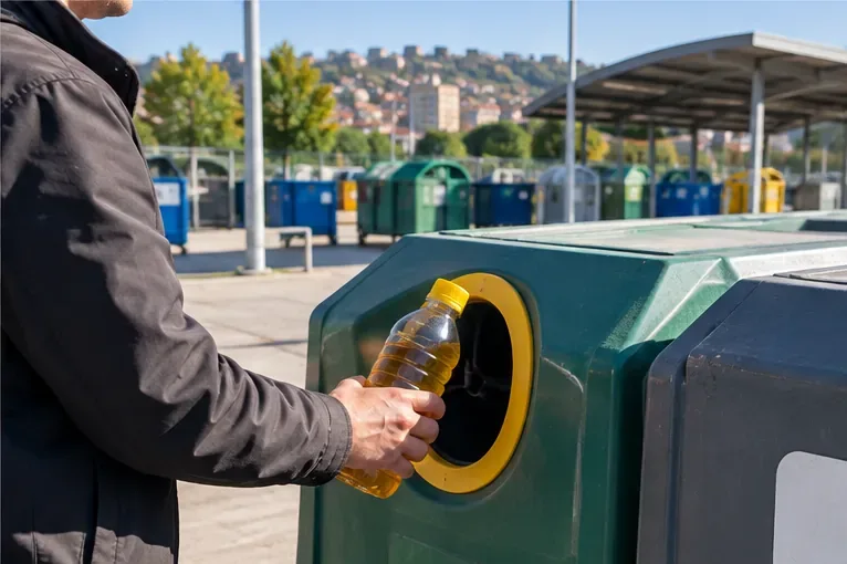 Persona che porta una bottiglia chiusa di olio alimentare usato verso un contenitore dedicato in un centro di raccolta
