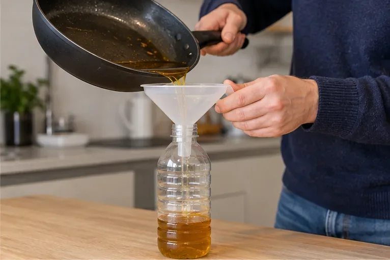 Olio alimentare esausto versato con un imbuto in una bottiglia di plastica trasparente