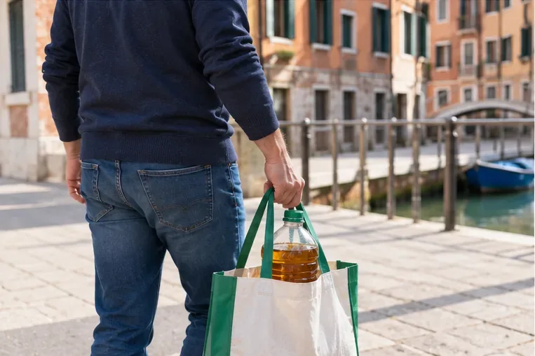 Persona che trasporta una bottiglia chiusa con olio da cucina usato in una borsa riutilizzabile a Venezia