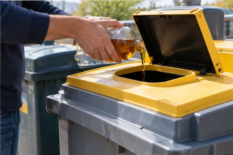 Olio alimentare usato versato in un contenitore dedicato alla raccolta, come esempio del conferimento finale