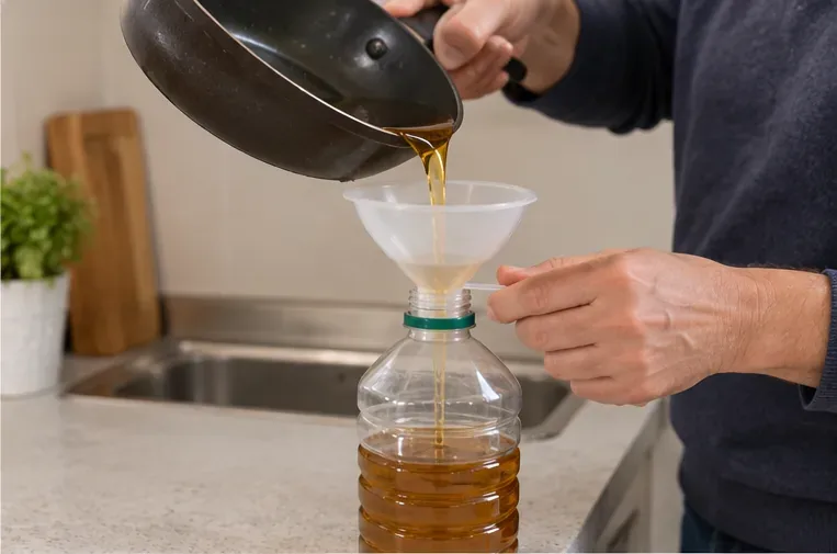 Olio da cucina freddo versato con un imbuto in una bottiglia richiudibile