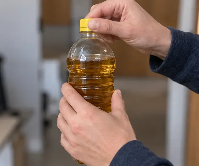 Mani che chiudono con il tappo una bottiglia di plastica contenente olio da cucina usato